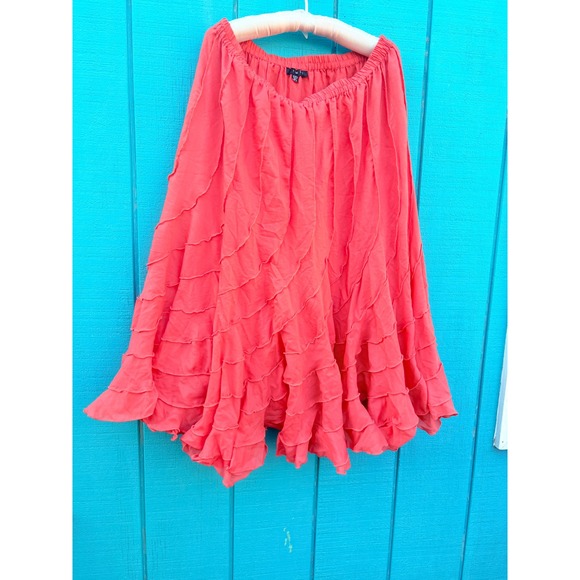 IMFI Dresses & Skirts - Coral Pink Tiered Ruffle Skirt XL Elastic Waist Boho Lettuce Edge Dopamine